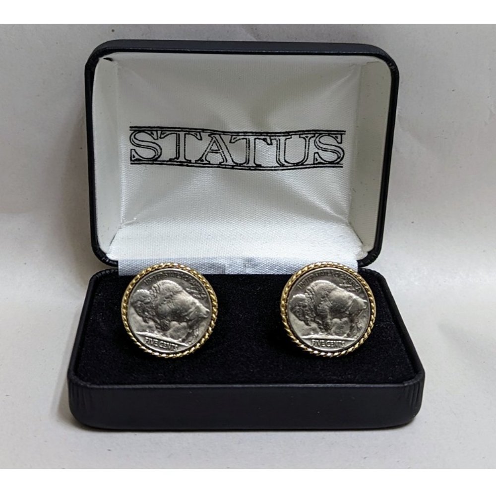 🆕 BUFFALO NICKEL CUFF LINKS w/ POLISHED GOLD PLATE ROPE EDGE - MEN